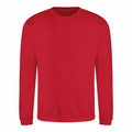 A plain red crewneck sweatshirt, identified as product JH030 by AWDis Just Hoods, with long sleeves displayed against a white background. The fabric looks soft and comfortable, making it ideal for casual wear.