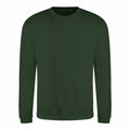 A plain, dark green crewneck sweatshirt with long sleeves from AWDis Just Hoods, product name JH030, is showcased against a white background. The fabric looks soft and comfortable, ideal for casual wear.