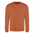 The AWDis Just Hoods JH030 is showcased against a white background, featuring an orange crewneck design with long sleeves.