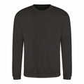 Displayed on a white background is the JH030, a plain black crewneck sweatshirt with long sleeves from AWDis Just Hoods, unadorned to highlight its simple and classic design.
