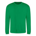 Displayed against a white background, the AWDis Just Hoods JH030 is a long-sleeve plain green crewneck sweatshirt.