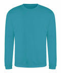 The AWDis Just Hoods JH030 is a plain teal long-sleeve sweatshirt featuring a crew neck, shown against a white background.