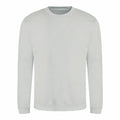 A plain, light gray sweatshirt from AWDis Just Hoods, featuring long sleeves and a round neckline, showcased against a white background.