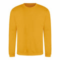 A plain JH030 sweatshirt from AWDis Just Hoods, featuring a crew neckline and long sleeves in a solid yellow color, is displayed against a white background. The garment looks pristine and unworn, with no visible patterns or logos.