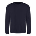 The AWDis Just Hoods JH030 sweatshirt is shown against a white background. It has a plain black color, long sleeves, a classic round neckline, and exudes a simple, casual design.