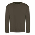 An olive green, plain, long-sleeved crew neck sweatshirt by AWDis Just Hoods (JH030), displayed against a white background.