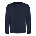 A sweatshirt designed by AWDis Just Hoods, model JH030, featuring a navy blue color with long sleeves and a crew neck, set against a white background.