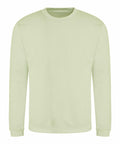 The AWDis Just Hoods JH030 is a plain, long-sleeved, light green crewneck sweatshirt displayed laid out flat against a white background, highlighting its simple and classic design.