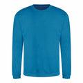 A JH030 sweatshirt in plain blue from AWDis Just Hoods, featuring a crewneck design, is shown against a white background.