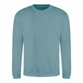 A JH030 sweatshirt by AWDis Just Hoods in a plain teal color with long sleeves and a crewneck design.