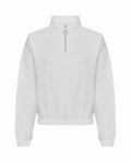 Introducing the AWDis Just Hoods JH037: a stylish white quarter-zip pullover featuring a high collar and elasticated hem and cuffs.