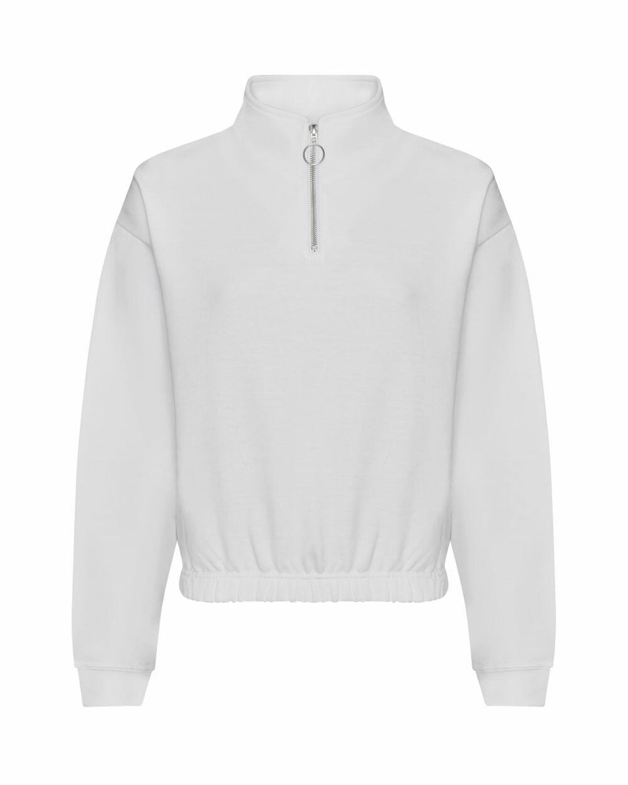 Introducing the AWDis Just Hoods JH037: a stylish white quarter-zip pullover featuring a high collar and elasticated hem and cuffs.