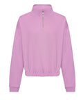 The JH037 by AWDis Just Hoods is a lavender long-sleeve pullover, designed with a high collar and a half-zip closure featuring an O-ring zipper pull. It has an elasticized hem for a fitted appearance.