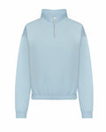 Introducing the AWDis Just Hoods JH037: a light blue pullover sweater featuring a high-neck design and front half-zip adorned with a circular ring pull. This cozy piece offers a relaxed fit with long sleeves and ribbed cuffs and hem for added comfort.