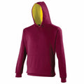 The AWDis Just Hoods JH03J features a burgundy exterior with a yellow inner lining and a front pocket, showcased against a white backdrop.