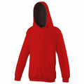 JH03J from AWDis Just Hoods is a red hooded sweatshirt featuring a front pocket and a black interior hood lining, showcased against a plain white background.