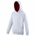 The AWDis Just Hoods JH03J is a plain gray hoodie with a red inner lining. It has a front pocket and long sleeves, showcased from the front with the hood up.