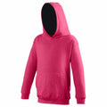 A vibrant pink JH03J hoodie from AWDis Just Hoods features a large front pocket and a hood pulled up, while the face is hidden by a black area. The long-sleeved hoodie is displayed against a white background.