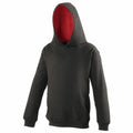 The AWDis Just Hoods JH03J sweatshirt is a black hooded design featuring a red lining in the hood, long sleeves, and a convenient front pouch pocket.