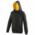 The AWDis Just Hoods JH03J is a black hoodie featuring a yellow interior lining and a front pocket, showcased upright with the hood up against a plain white background.