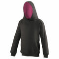 The AWDis Just Hoods JH03J is a black hoodie featuring a pink-lined hood, long sleeves, and a front pocket, showcased against a white background in unworn condition.