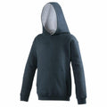 The AWDis Just Hoods JH03J is a dark gray hoodie, featuring a front pocket. It is presented without a model and displayed against a plain white background, with the hood up and sleeves draping naturally.