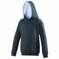 The JH03J by AWDis Just Hoods is a casual dark green hoodie set against a white background. It includes a spacious front pocket and features a light blue lining inside the hood, complemented by long sleeves.