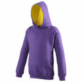 The JH03J hoodie by AWDis Just Hoods is a child-sized garment in purple, featuring a yellow lining inside the hood and a front pocket. It is shown against a white background.