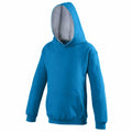 The JH03J hoodie from AWDis Just Hoods is shown against a plain white background. This vibrant blue hoodie features a front pocket and a hood lined in gray, crafted for casual wear to provide a soft and comfortable feel.