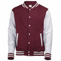 Introducing the AWDis Just Hoods JH043: a maroon varsity jacket featuring light gray sleeves, white buttons, and stylish striped trim on the cuffs, collar, and waist.