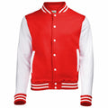 The AWDis Just Hoods JH043 is a varsity jacket featuring a red and white design, complete with striped cuffs and hem, button closure, and front pockets.