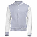 The JH043 by AWDis Just Hoods is a varsity jacket featuring a light blue and white color scheme, a button-up front, and striped cuffs and hem.