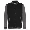 Introducing the AWDis Just Hoods JH043, a varsity jacket featuring a stylish button-up front. The body is in sleek black with contrasting gray accents on the sleeves, collar, cuffs, and hem. It includes two side pockets adorned with gray trim and a ribbed collar for added flair.