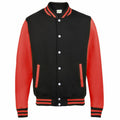 The AWDis Just Hoods JH043 is a black varsity jacket featuring red leather sleeves, a black collar, red and black striped cuffs and hem, red-trimmed pockets, and white buttons down the front.