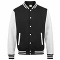Introducing the AWDis Just Hoods JH043: a stylish varsity jacket in black with white sleeves and accents. It boasts a button-up front, along with a striped collar, cuffs, and hem. Additionally, it includes two angled pockets on the front for convenience.