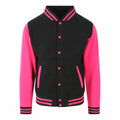 Introducing the AWDis Just Hoods JH043: a stylish varsity jacket with black body complemented by vibrant pink sleeves and accents. It includes pink buttons, two front pockets, and eye-catching striped details on the collar, cuffs, and hem.