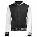 AWDis Just Hoods' JH043 jacket is presented with a striking design, showcasing black and white tones. It features white sleeves and buttons, complemented by a striped collar, cuffs, and waistband. The jacket is elegantly set against a plain white backdrop.
