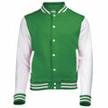 The AWDis Just Hoods JH043 is a letterman jacket featuring a green and white color scheme, complemented by white buttons and striped cuffs.