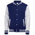The AWDis Just Hoods JH043 is a varsity jacket featuring a navy blue body complemented by light gray sleeves, collar, and pockets. It includes white buttons and striped cuffs for added style.