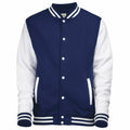 AWDis Just Hoods' JH043 is a classic letterman style varsity jacket in navy blue and white. It features a button-up front, white sleeves, and white trim on the cuffs and hem, complemented by white pockets.