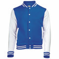 Introducing the JH043 by AWDis Just Hoods, a stylish varsity jacket in blue with contrasting white sleeves and striped cuffs. This jacket is designed with a button-up front featuring white buttons and a ribbed collar for added flair.