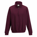 The JH046 by AWDis Just Hoods is a maroon pullover with a quarter-zip closure, high collar, long sleeves, and ribbed cuffs and hem.