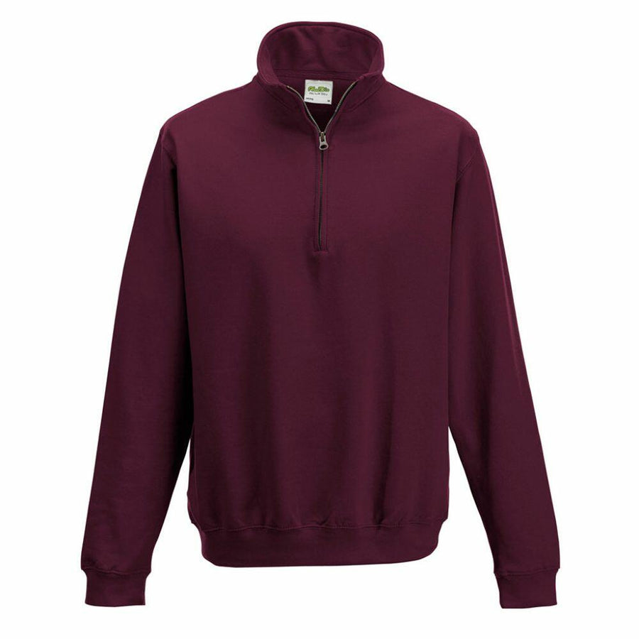 The JH046 by AWDis Just Hoods is a maroon pullover with a quarter-zip closure, high collar, long sleeves, and ribbed cuffs and hem.