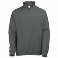 AWDis Just Hoods JH046 is a gray half-zip pullover sweater featuring a stand collar and long sleeves.