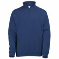 The AWDis Just Hoods JH046 is a plain navy blue pullover sweatshirt featuring a quarter zip and long sleeves, set against a white background.