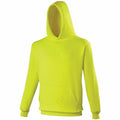The JH04J hoodie from AWDis Just Hoods is displayed against a white background. It features a vibrant yellow color, front pocket, hood, and long sleeves, with a minimalist design lacking any visible logo or additional graphics.