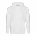 AWDis Just Hoods JH050 white zip-up hoodie, featuring front pockets and a hood, showcased against a plain background.