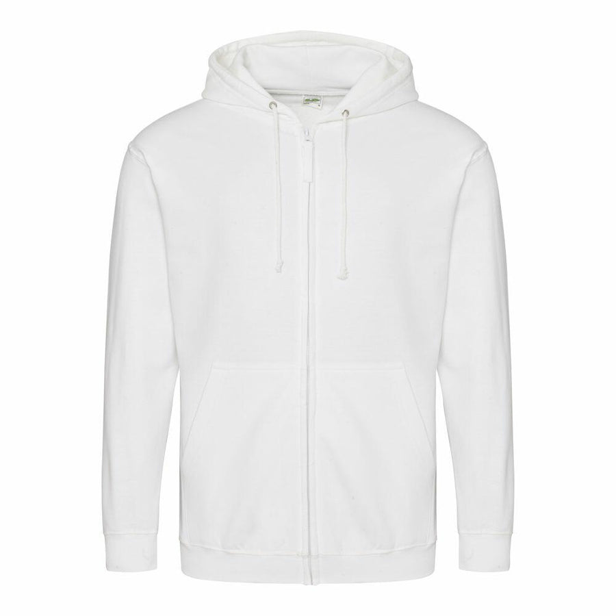 AWDis Just Hoods JH050 white zip-up hoodie, featuring front pockets and a hood, showcased against a plain background.