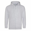 The AWDis Just Hoods JH050, a light gray zip-up hoodie featuring a drawstring hood and long sleeves, is displayed against a plain white background.