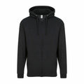 Introducing the JH050 from AWDis Just Hoods: a sleek black hooded sweatshirt featuring a front zipper and drawstrings. With two front pockets and its timeless, straightforward design, this hoodie is showcased against a white backdrop.